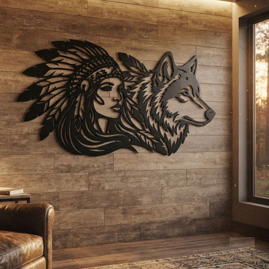 Native American Chief and Wolf Metal Wall Art