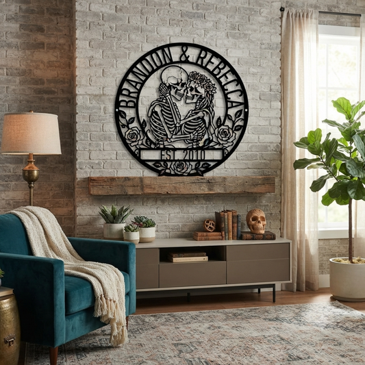 Personalized Skeleton Couple Wall Decor, Eternal Love Metal Sign, Custom Skeleton Art with Names, Gothic Home Decor, Engagement Gift
