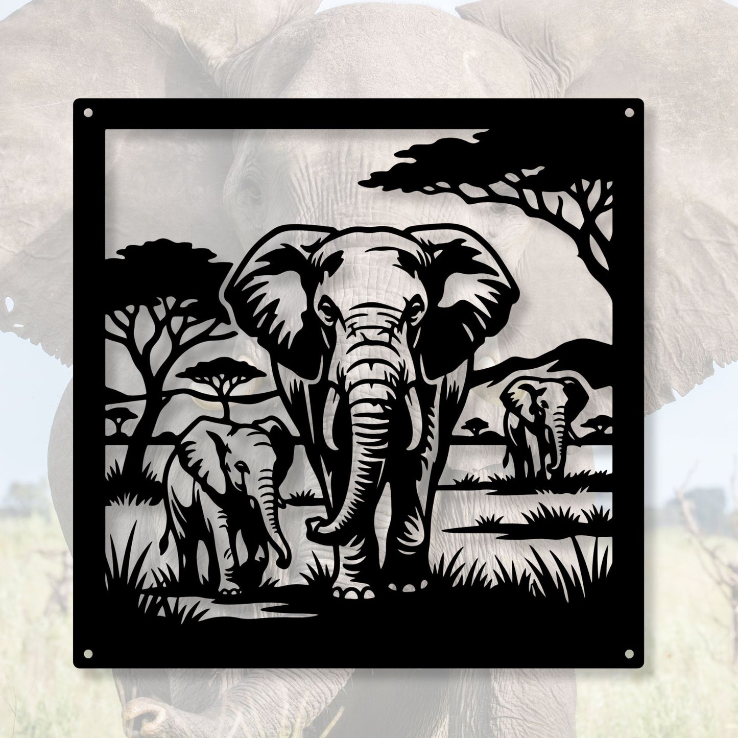 African Elephant Metal Art, Safari Wildlife Wall Decor, Serengeti Landscape Sign, Housewarming Gift for Nature Lovers, Geometric Elephant