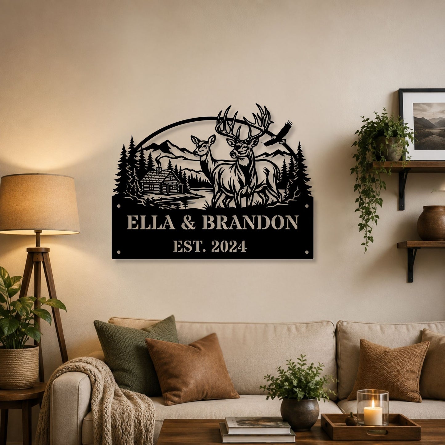 Custom Name Cabin Sign, Metal Buck & Forest Decor, Hunting Lodge Art, Outdoorsy Gift