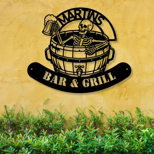Custom Beer Bar Sign | Personalized Drink Up Barrel Skeleton Sign | Fun Man Cave Decor | Unique Gift for Husband | Backyard Grill Sign