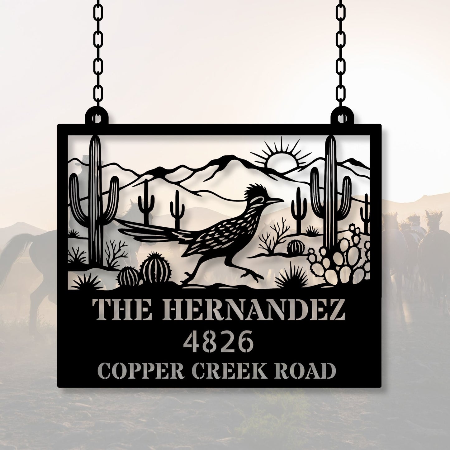 Custom Roadrunner Address Sign, Personalized Metal House Number Sign, Southwest Decor