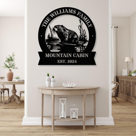 Beaver Metal Sign, Family Name Sign, Rustic Metal Decor, Mountain Cabin Decor, Customized Name Sign, Animal Wall Art, Wildlife Gift Decor
