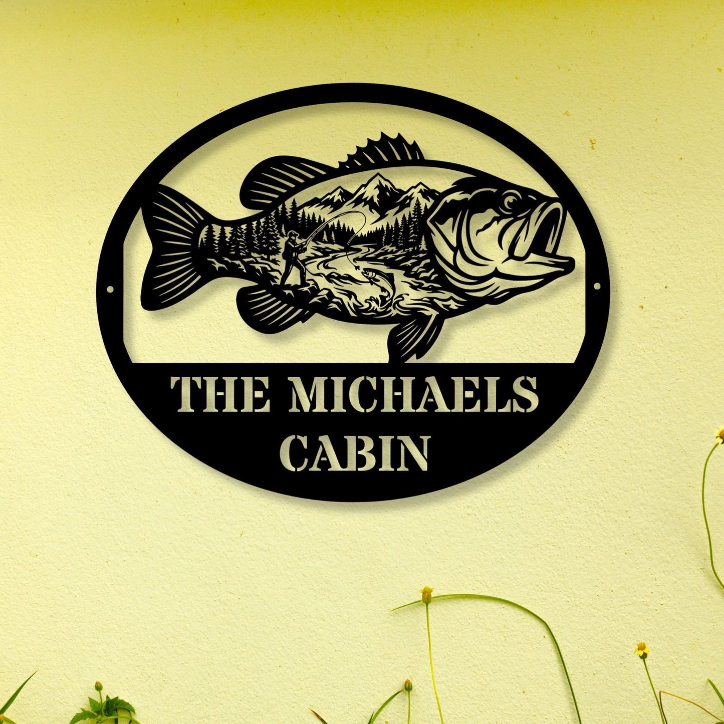 Personalized Fish Metal Wall Art Mountain Landscape Decor, Custom Family Name Sign, Lake House Decor, Fisherman Gift, Cabin Metal Sign