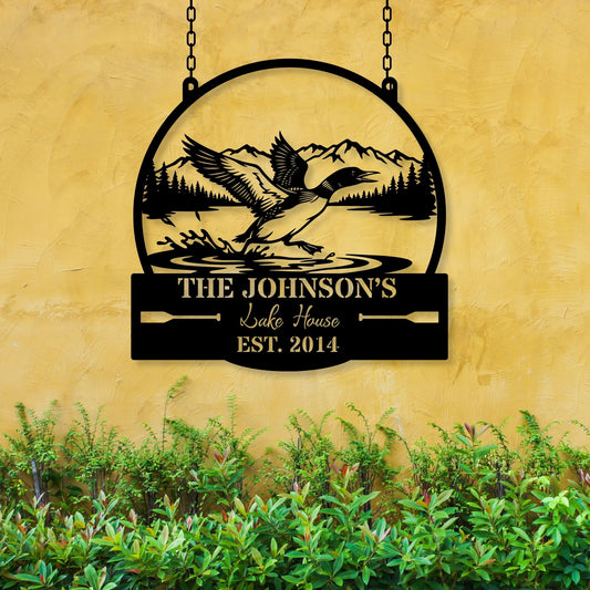 Personalized Lake House Metal Sign, rustic steel, custom cabin name, duck hunting decor