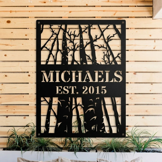 Personalized Birch Tree Metal Wall Art, Custom Family Name Sign, Rustic Woodland Metal Wall Decor, Outdoor Housewarming Gift