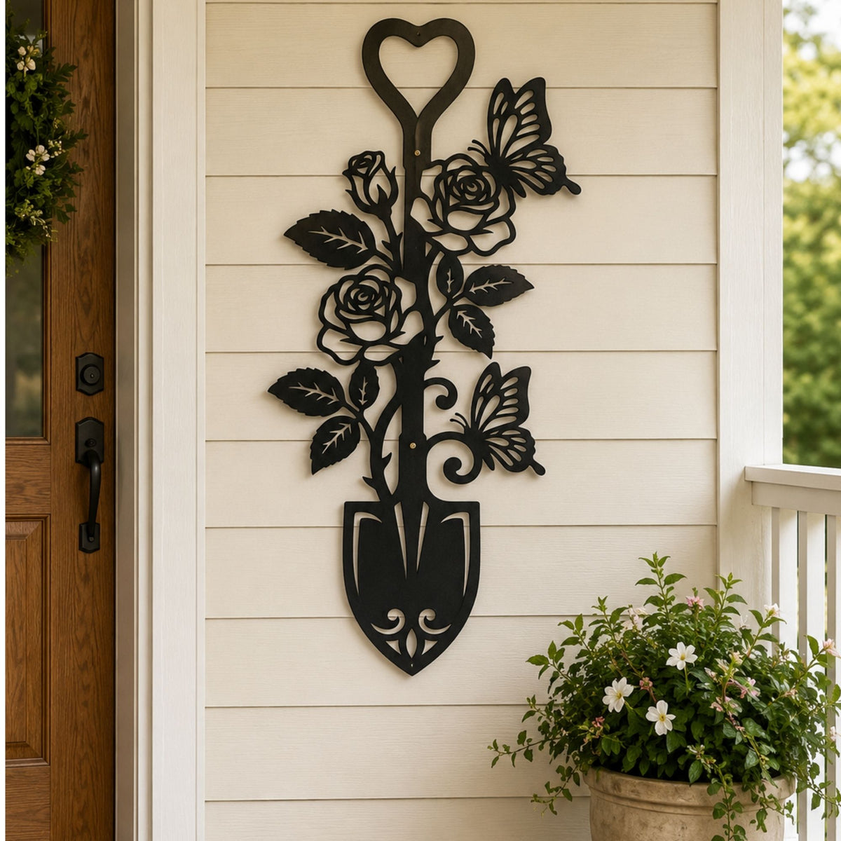 Metal Floral Garden Shovel Wall Decor with Roses & Butterflies, Rustic Outdoor Yard Art, Gardening Lover Gift, Steel Wall Sign