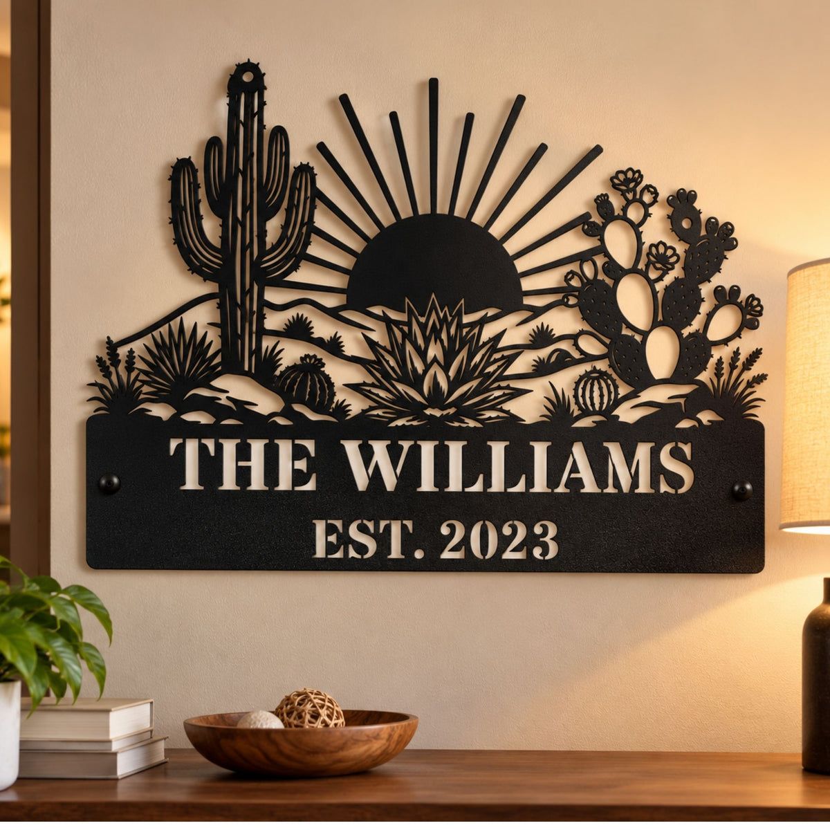 Personalized Cactus Sunrise Wall Art, Custom Metal Desert Landscape Sign, Outdoor Garden Monogram, Rustic Southwestern Home Gift