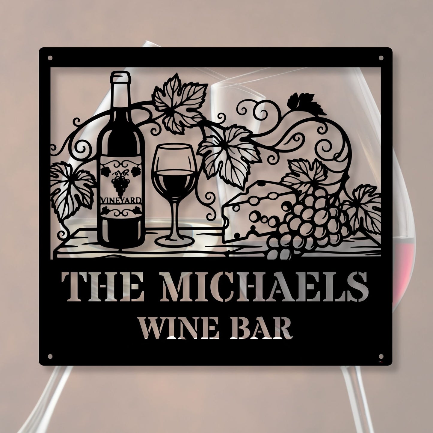Custom Metal Wine Bar Sign, Personalized Grapevine Wall Decor, Wine Bottle Metal Plaque, Housewarming Gift for Wine Lovers