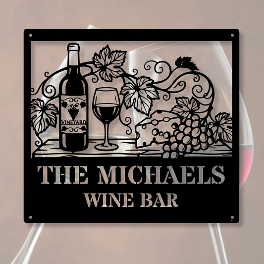 Custom Metal Wine Bar Sign, Personalized Grapevine Wall Decor, Wine Bottle Metal Plaque, Housewarming Gift for Wine Lovers