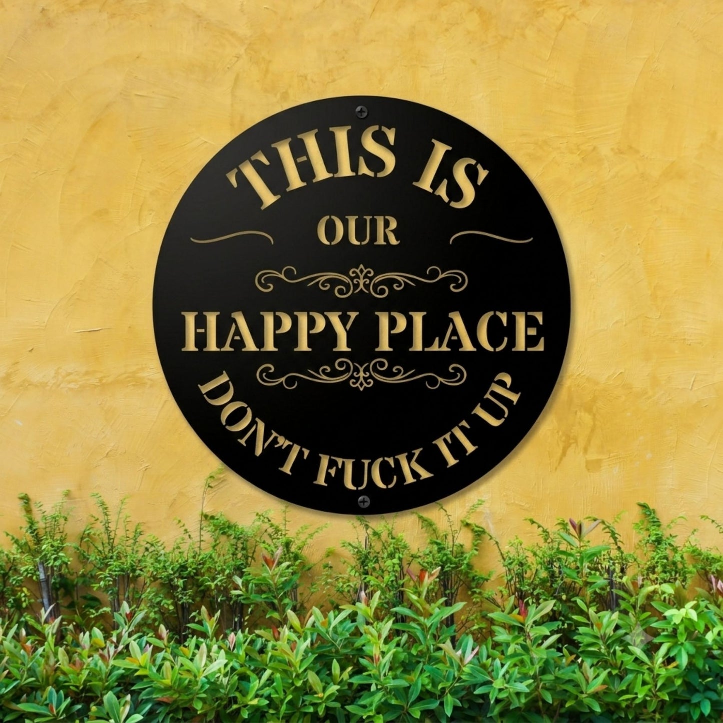 Personalized Custom "Happy Place" Metal Wall Sign, Custom Round Family Name Sign, Living Room Wall Hanging, Porch & Patio Decor, New Home Gift