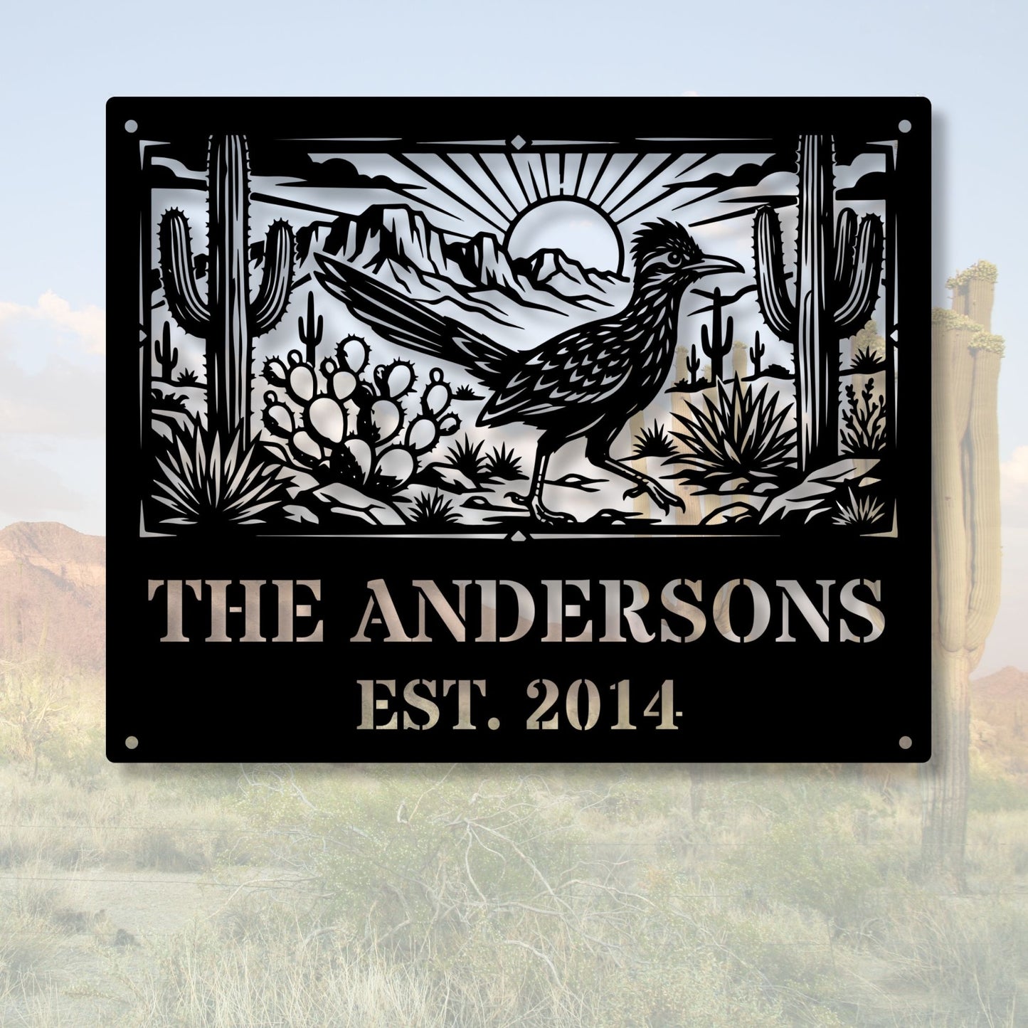 Personalized Family Name Est Sign, Custom Road Runner Metal Sign, Southwest Wedding Gift, Unique Anniversary Gift, Last Name Metal Wall Art