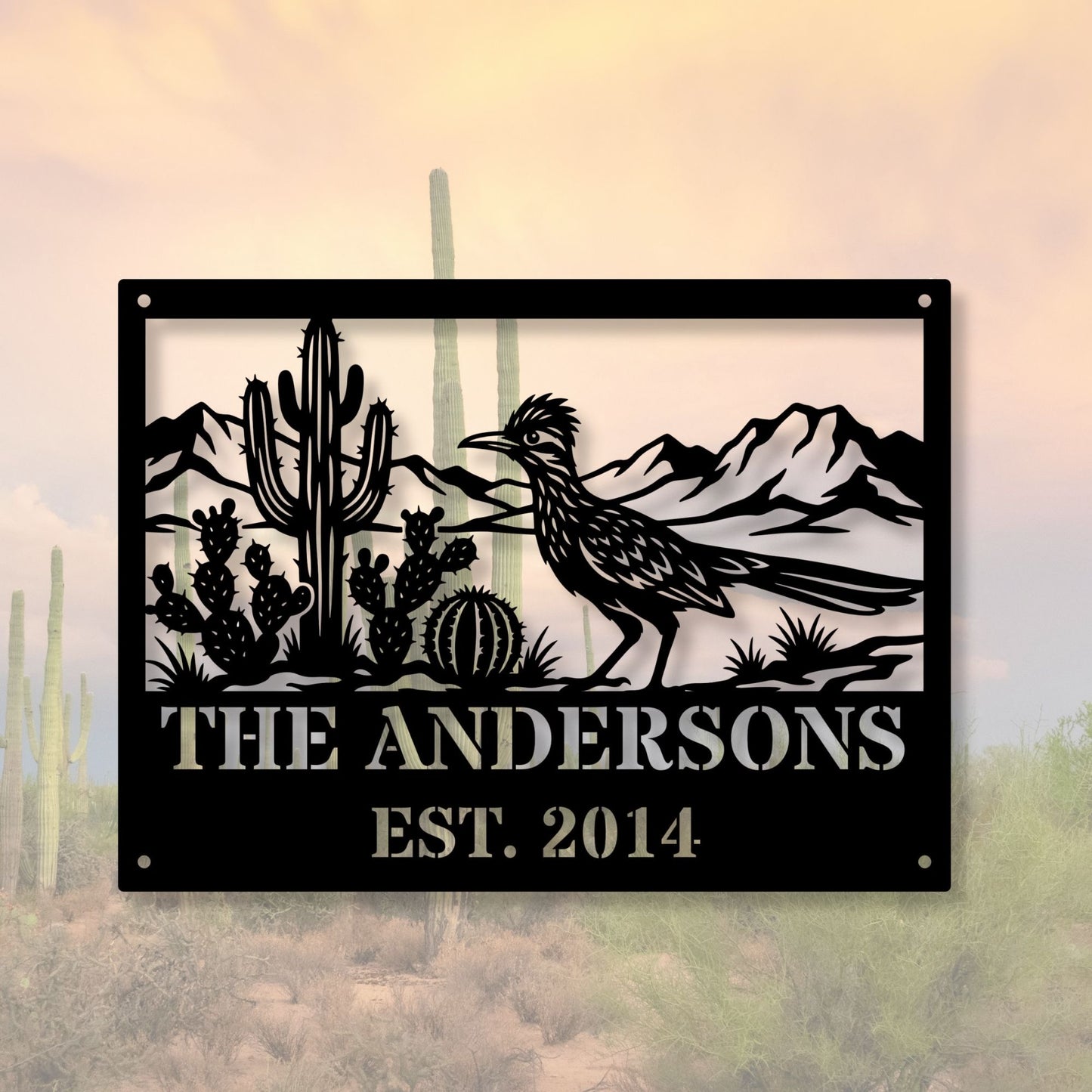 Personalized Roadrunner Metal Sign, Custom Desert Name Sign, Est Date Monogram, Outdoor Cabin Sign, Southwestern Front Porch Decor, Gift