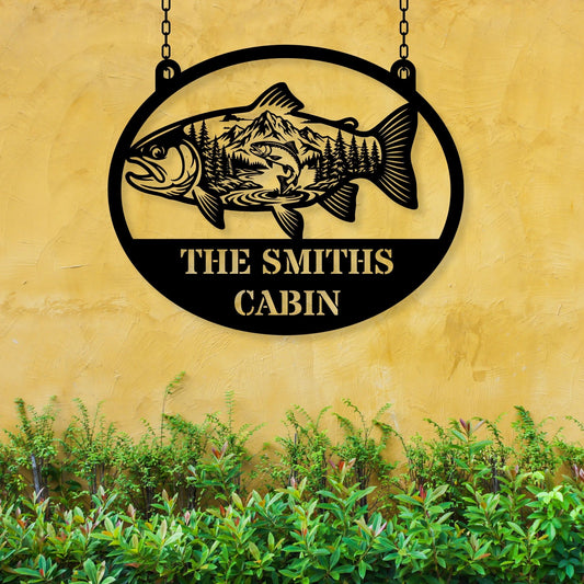 Custom Fish Metal Wall Art with Name, Personalized Mountain Decor, Father’s Day Gift, Lake House Sign, Fisherman Gift, Cabin Wall Art