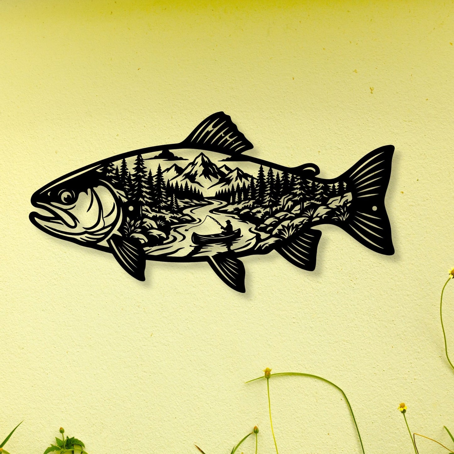 Fish Metal Wall Art Mountain Landscape Decor, Lake House Signs, Fisherman Gift, Cabin Wall Decor, Outdoor Nature Metal Signs, River Art