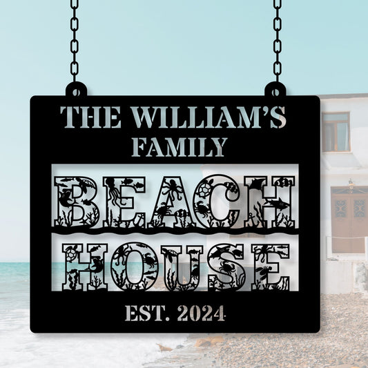 Personalized Family beach house metal sign, Custom beach decor, coastal home wall art
