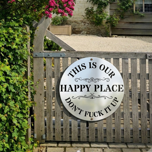 This Is Our Happy Place Metal Wall Sign, Custom Steel Wall Decor, Circle Home Sign, Patio and Garden Decor, Housewarming and Outdoor Gift