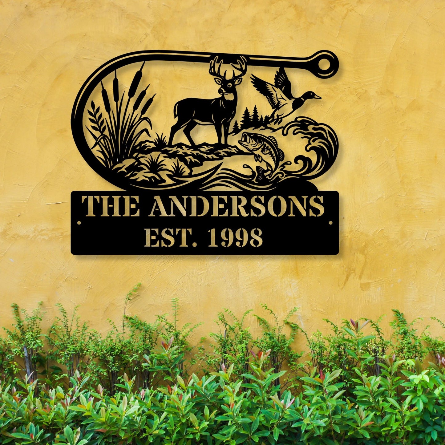 Custom Fishing Hook Metal Sign, Personalized Family Name Plaque, Outdoor Cabin Sign, Lake House Address Marker, Custom Fisherman Gift