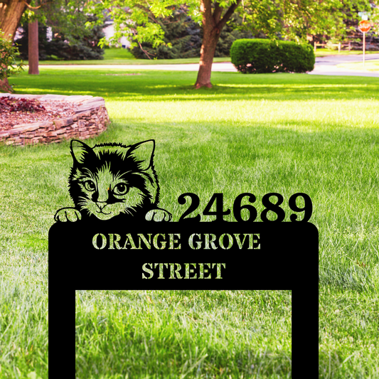Peeking Cat Metal Address Stake Sign, Cat Address Sign, Horizontal Address Sign, Pet Lover Address Sign, House Number Address Signage,  Cat Mom Sign