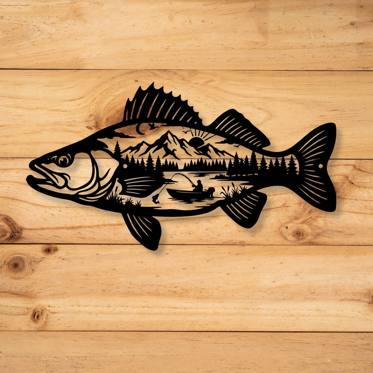 Metal Fish Wall Art Mountain Scene, Fisherman Gift for Men, Lake House Decor, Bass Metal Sign, Cabin Wall Art, Outdoorsman Gift for Dad