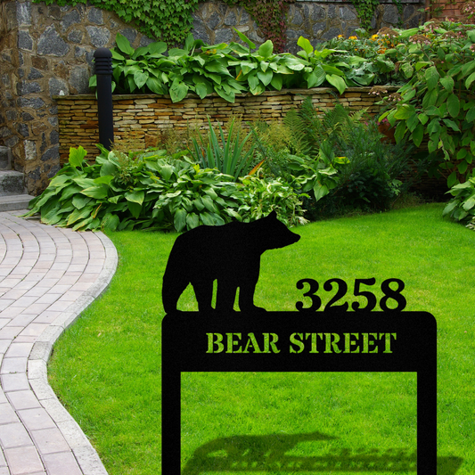 Personalized Bear Address Stake, Customized Metal Address, Horizontal Address Sign, Address Signage, House Address, Metal House Number Stake