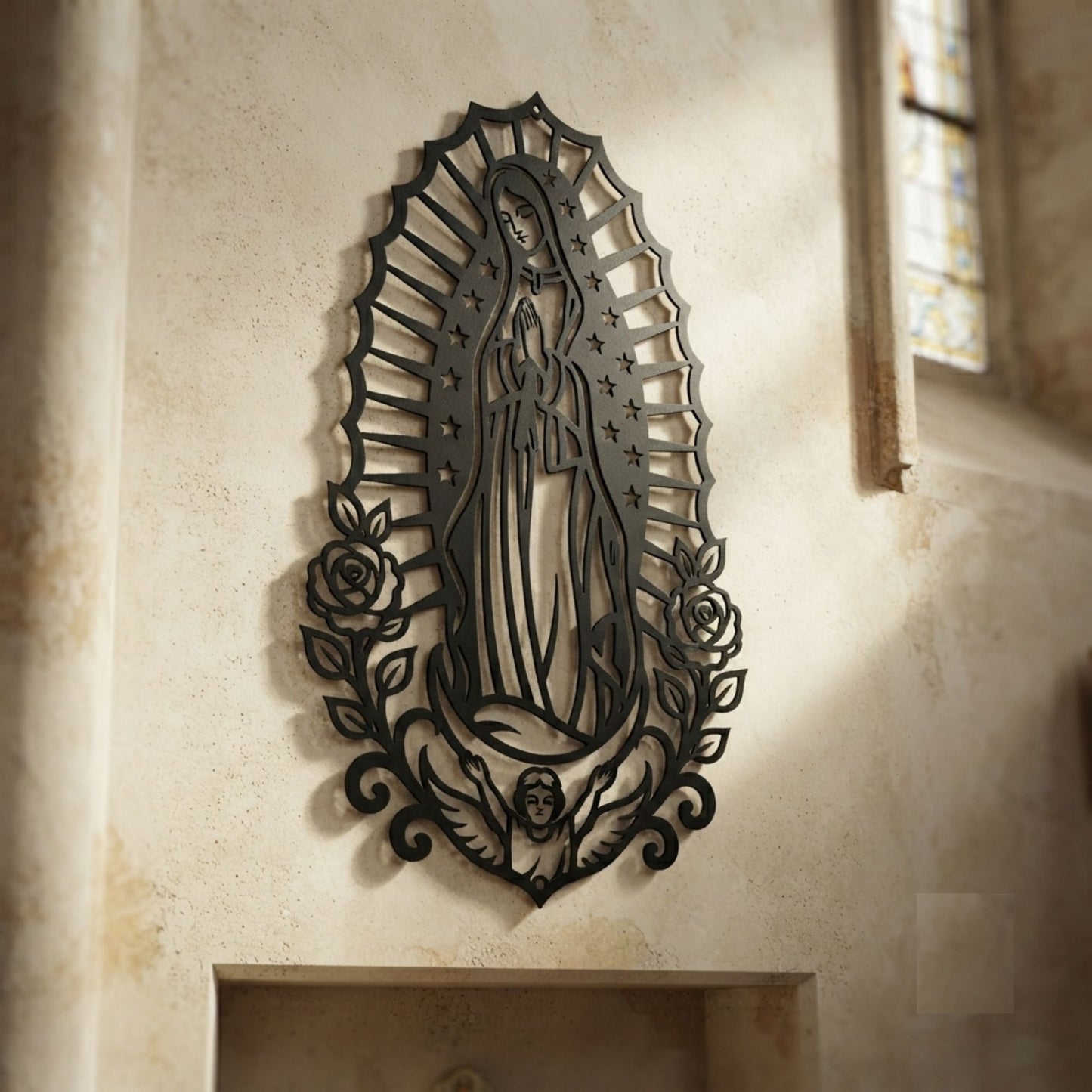 Virgin Mary Metal Wall Hanging, Catholic Blessed Mother Decor, Christian Religious Gift, Floral Angel Metal Art, Baptism Wall Decor