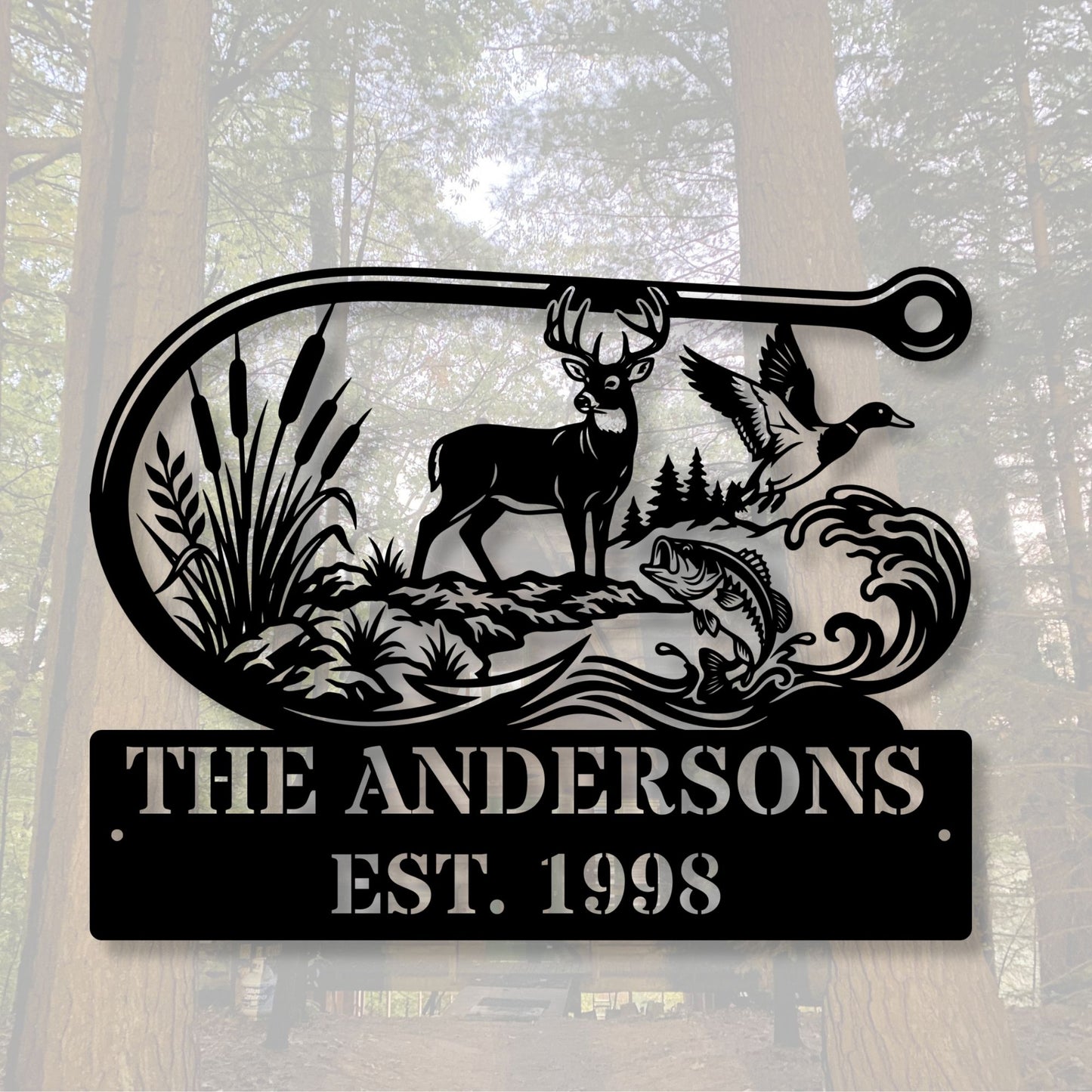 Custom Fishing Hook Metal Sign, Personalized Family Name Plaque, Outdoor Cabin Sign, Lake House Address Marker, Custom Fisherman Gift