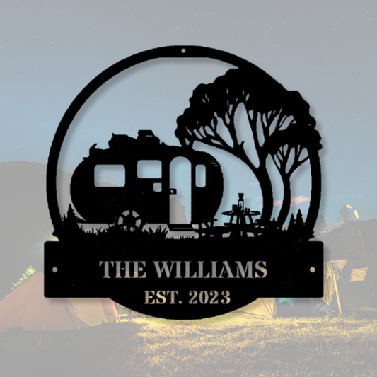 Personalized Camping Metal Sign, Indoor Outdoor Decor, Campsite Decor, Last Name Sign, Cabin Camper RV Sign