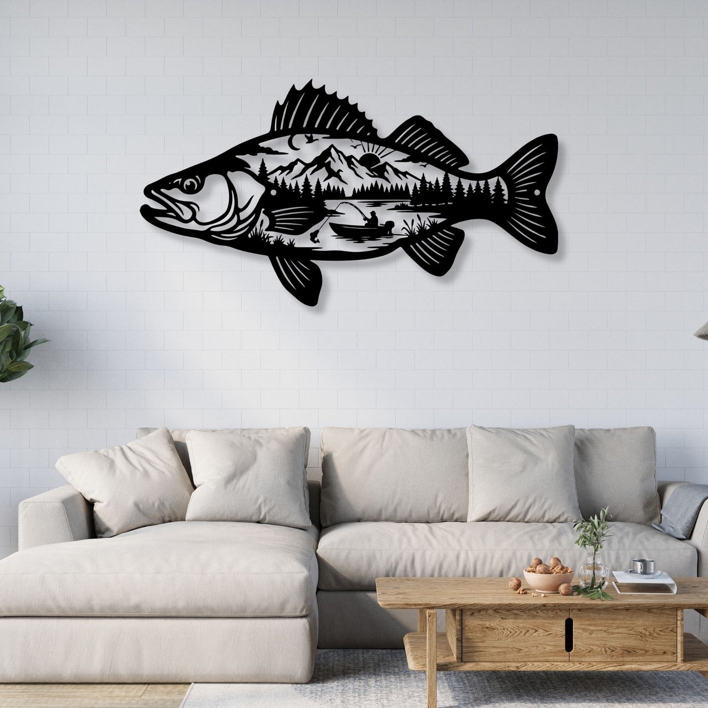 Metal Fish Wall Art Mountain Scene, Fisherman Gift for Men, Lake House Decor, Bass Metal Sign, Cabin Wall Art, Outdoorsman Gift for Dad