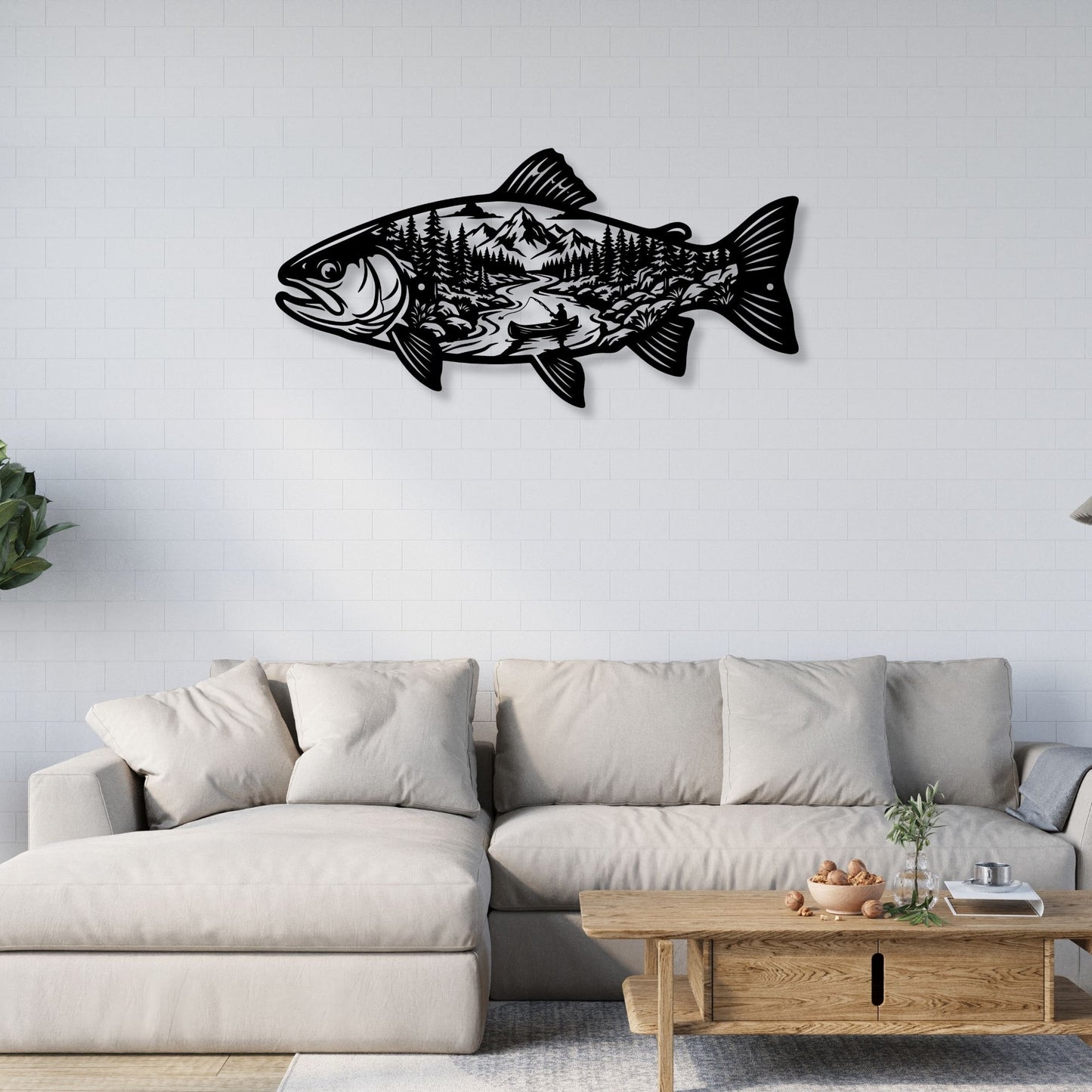 Fish Metal Wall Art Mountain Landscape Decor, Lake House Signs, Fisherman Gift, Cabin Wall Decor, Outdoor Nature Metal Signs, River Art
