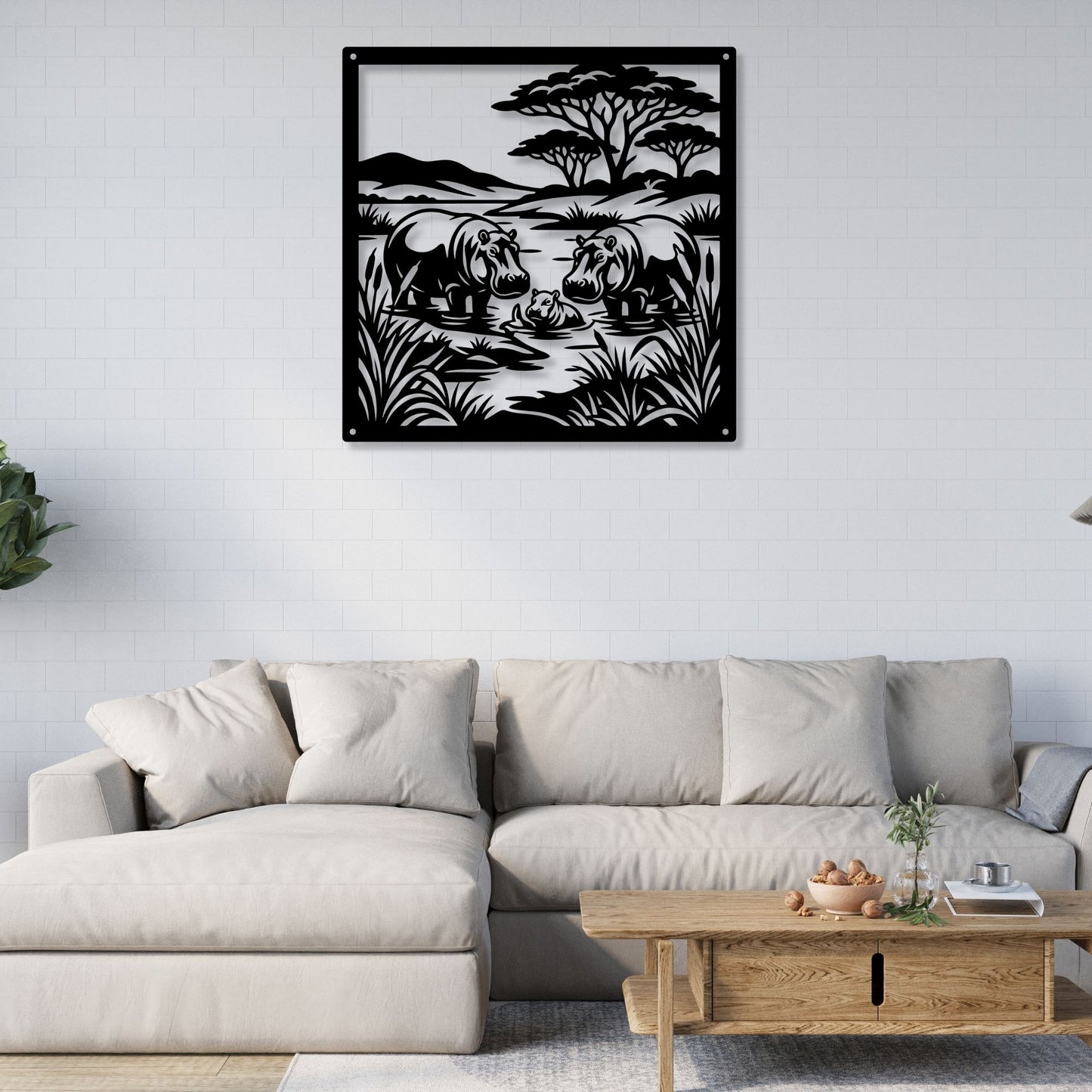 Savannah Hippo Metal Art, African Safari Wall Decor, Hippopotamus Silhouette Sign, Housewarming Gift for Wildlife Lovers, Serengeti River Scene