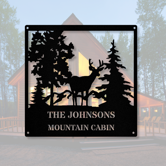 Personalized Deer Mountain Cabin Metal Sign, Wall Hanging Metal Decor, Large Deer Metal Sign, Farmhouse Metal Sign, Cabin Metal Decor, Wall Art Decor