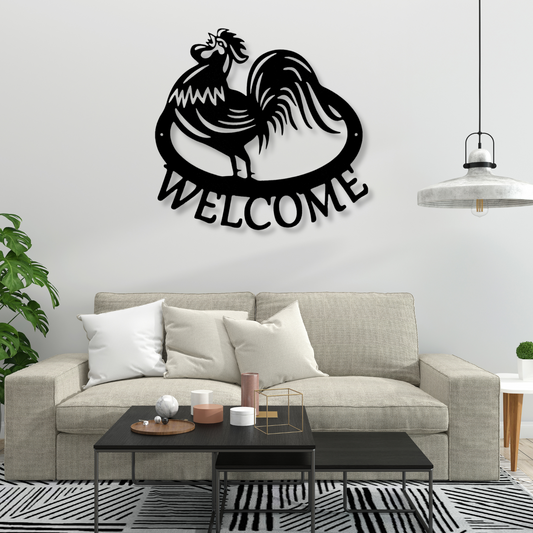 Welcome Rooster Metal Sign, Front Door Signage, Porch Decor, Patio Metal Wall Art, Welcome Sign for Front Porch, Welcome Metal Sign Entryway