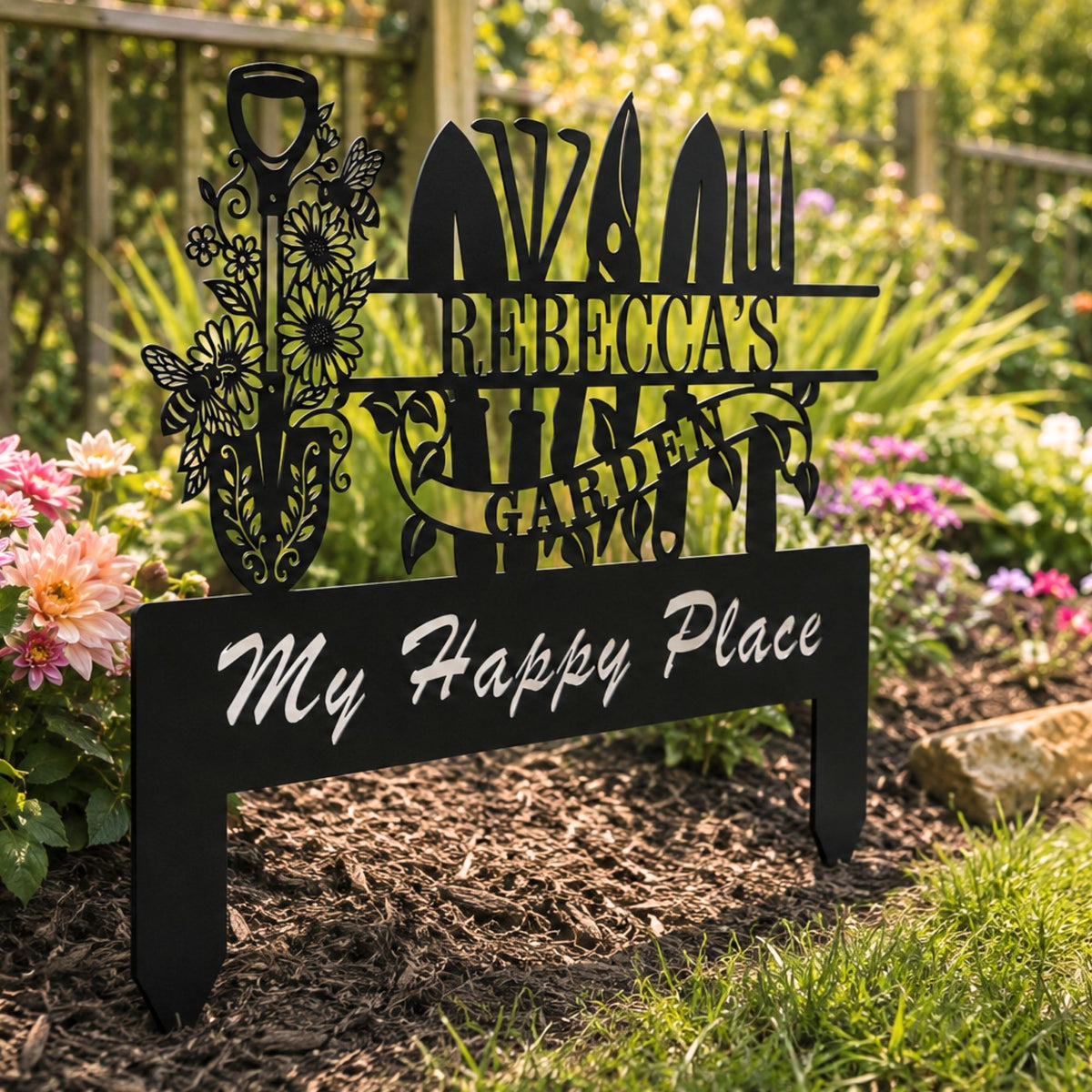 Custom Garden Tools Metal Stake with Name, Personalized Outdoor Yard Sign, Floral Garden Plaque, Metal Garden Marker, Gift for Gardener