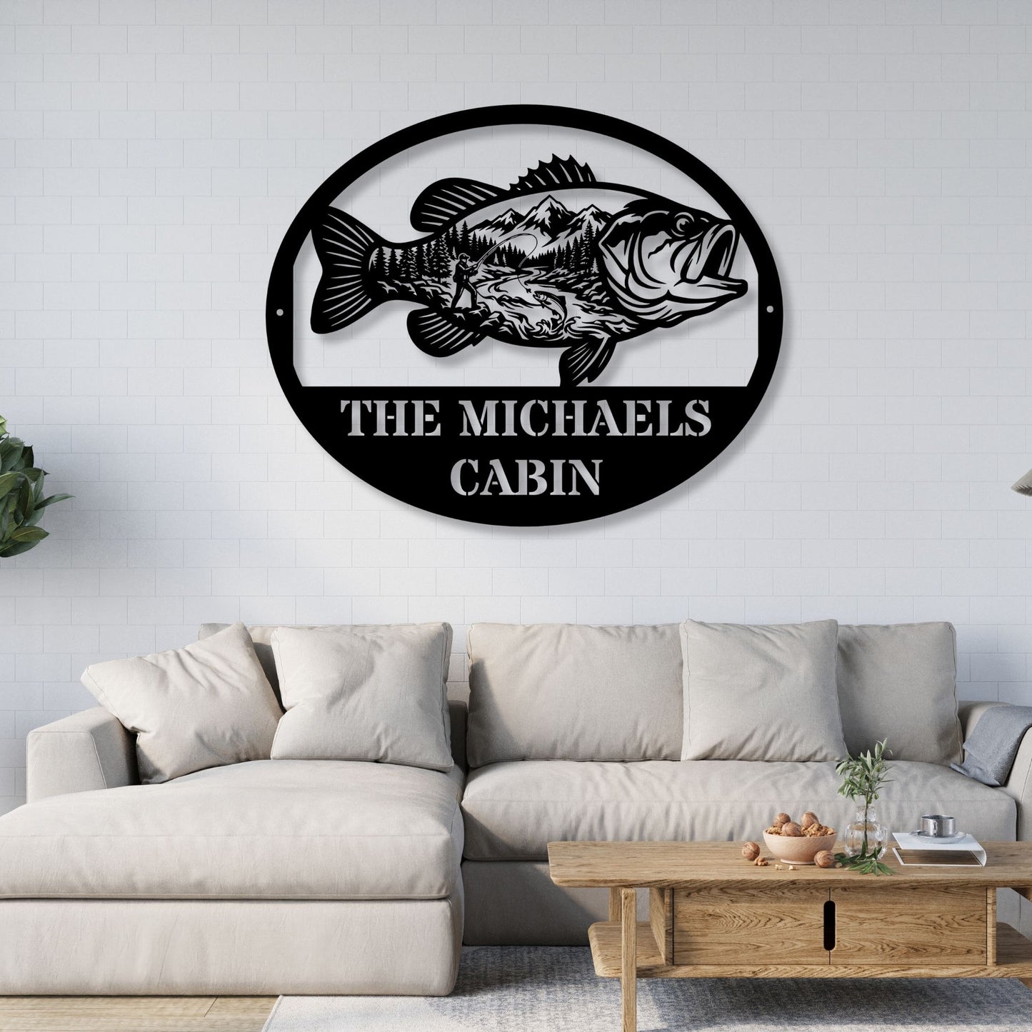 Personalized Fish Metal Wall Art Mountain Landscape Decor, Custom Family Name Sign, Lake House Decor, Fisherman Gift, Cabin Metal Sign