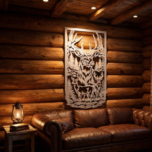 Deer Metal Wall Art, Rustic Black Steel Panel, Woods Cabin Decor