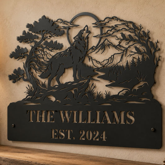 Custom Wolf Metal Wall Art with Mountain Scene, Howling Wolf Cabin Decor, Rustic Nature Metal Sign, Wilderness Wall Hanging, Gift for Him