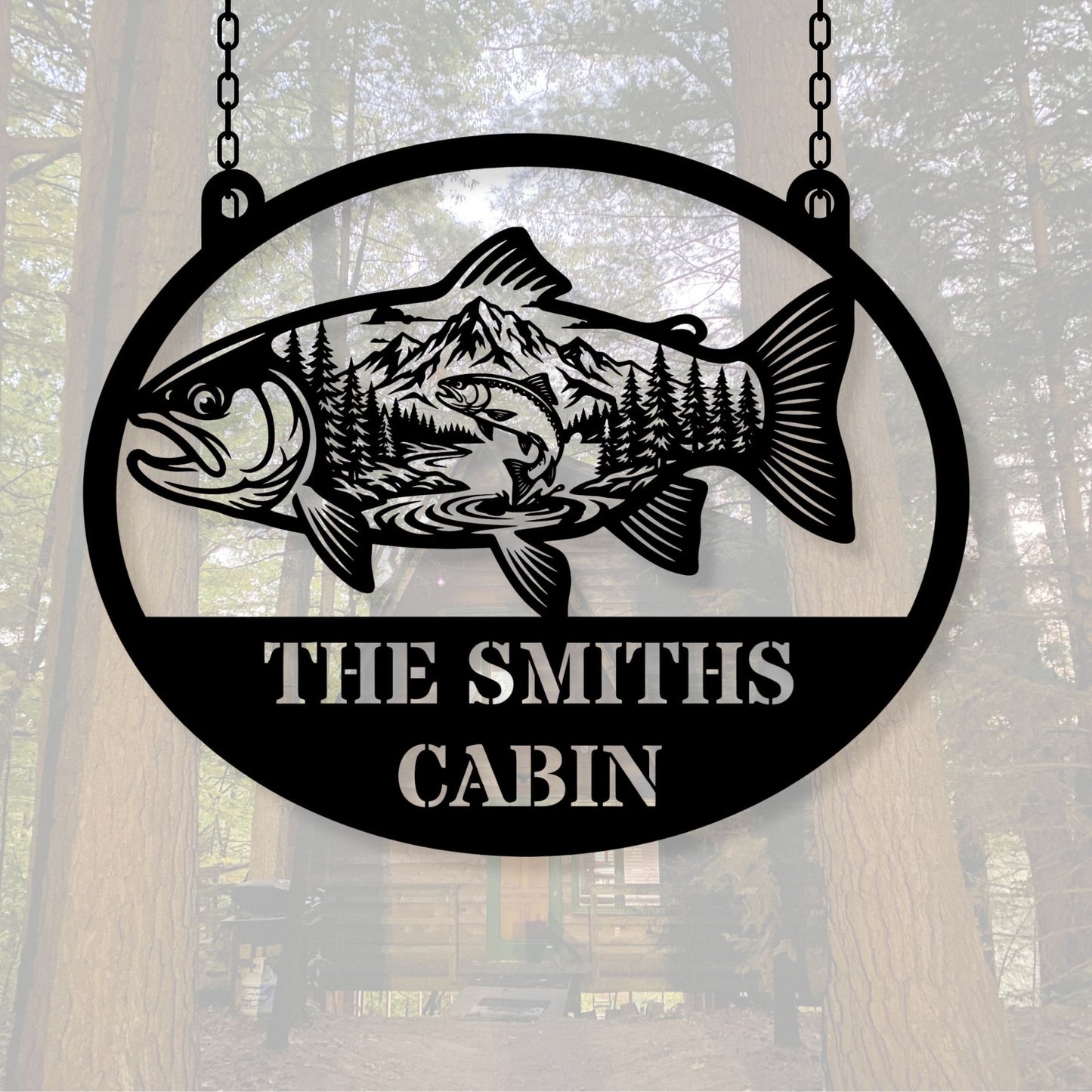 Custom Fish Metal Wall Art with Name, Personalized Mountain Decor, Father’s Day Gift, Lake House Sign, Fisherman Gift, Cabin Wall Art