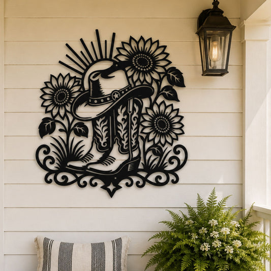 Cowboy Boots Hat Sunflower Metal Sign, Western Wall Art, Rustic Country Decor, Outdoor Garden Art, Housewarming Gift Country Sign