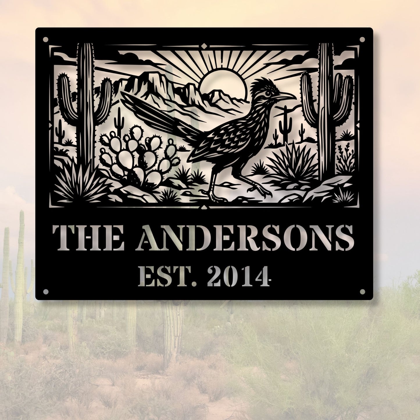 Personalized Family Name Est Sign, Custom Road Runner Metal Sign, Southwest Wedding Gift, Unique Anniversary Gift, Last Name Metal Wall Art