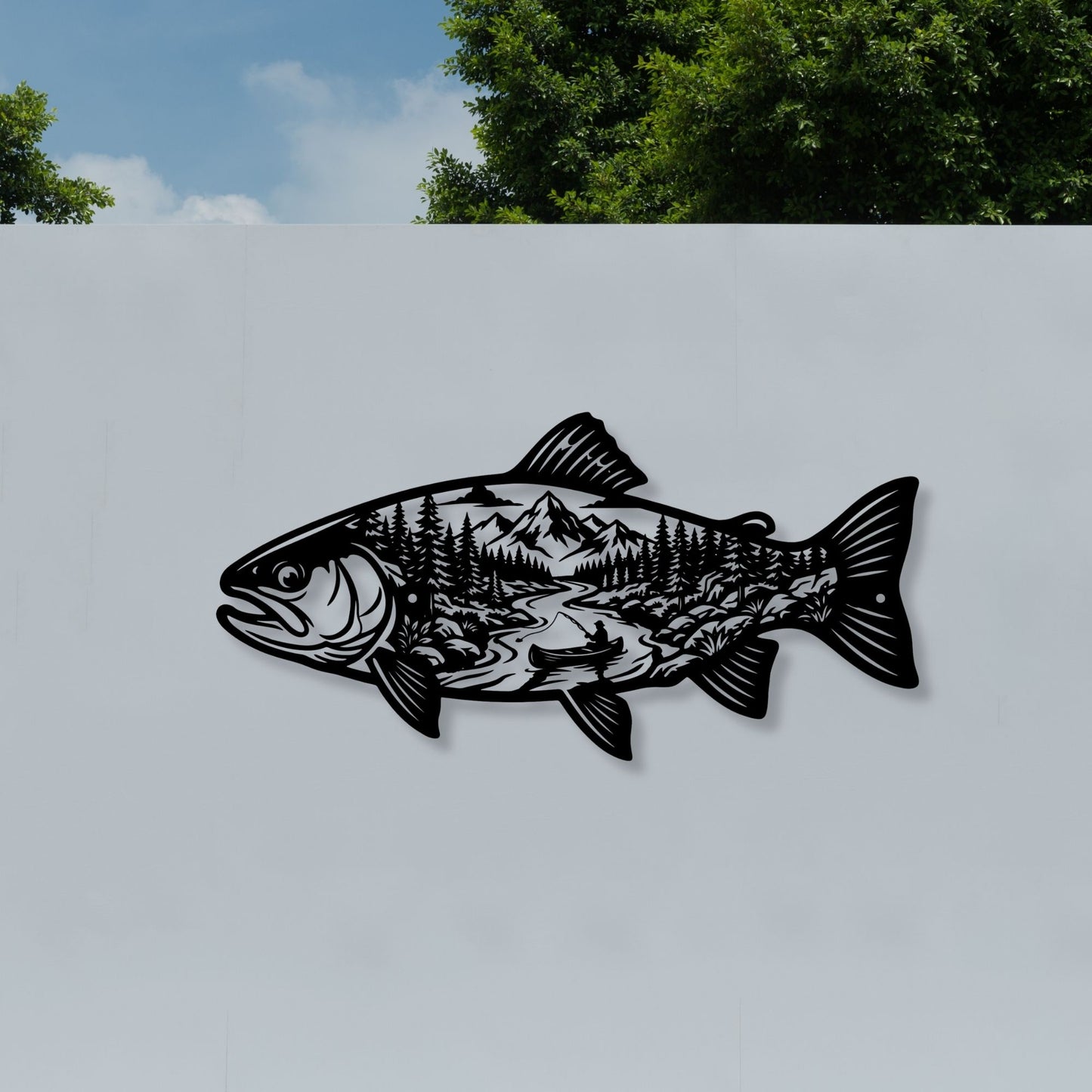Fish Metal Wall Art Mountain Landscape Decor, Lake House Signs, Fisherman Gift, Cabin Wall Decor, Outdoor Nature Metal Signs, River Art