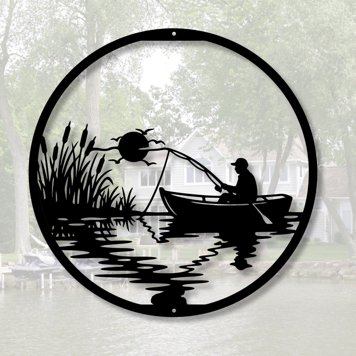 Lake Fishing Metal Wall Art, Fishing Wall Decor, Bass Fisherman Gift, Lake House Decor, Rustic Outdoor Metal Art, Gift for Fishing Lover
