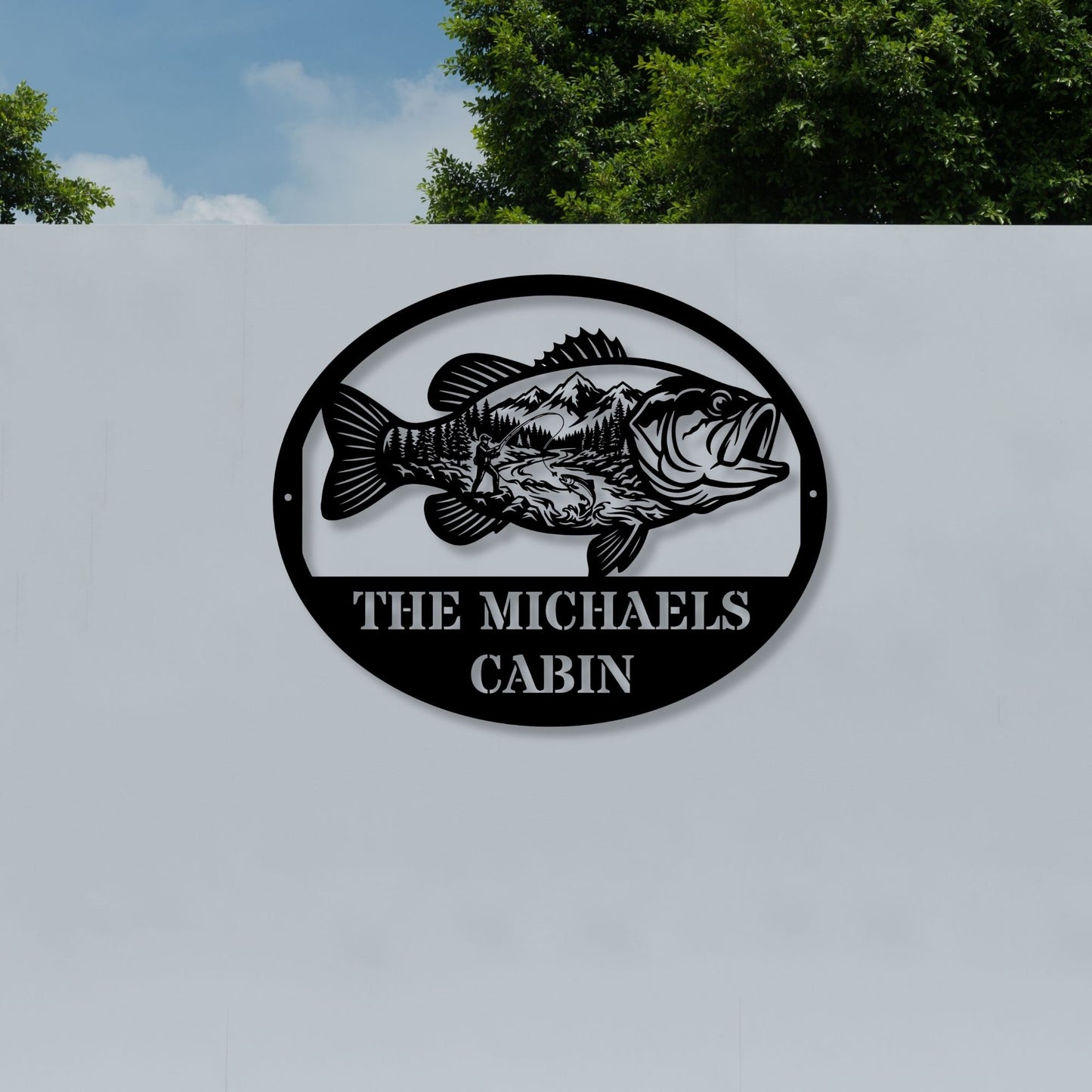 Personalized Fish Metal Wall Art Mountain Landscape Decor, Custom Family Name Sign, Lake House Decor, Fisherman Gift, Cabin Metal Sign