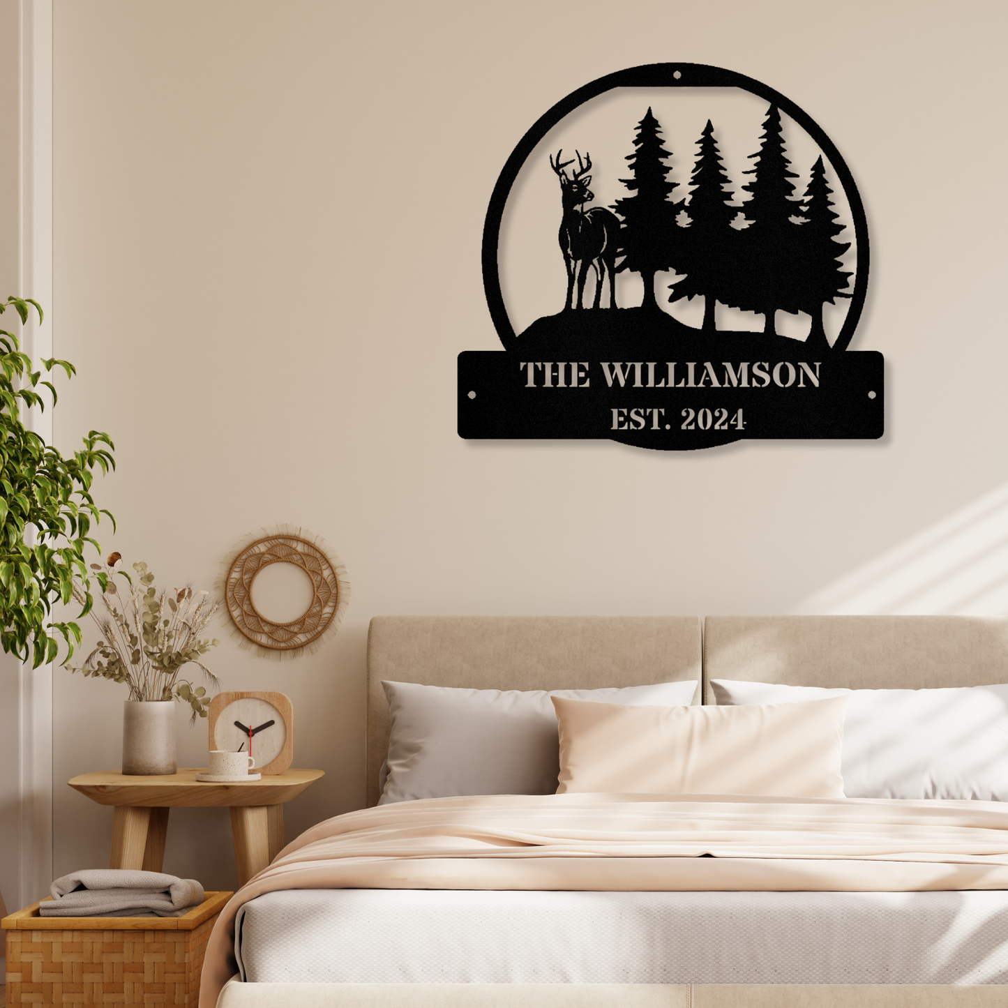 Custom Deer Metal Sign, Cabin Wall Metal Decor, Deer Hunter Gift, Deer Woods Metal Art, Housewarming Gift, Wedding Gift, EST. Name Sign