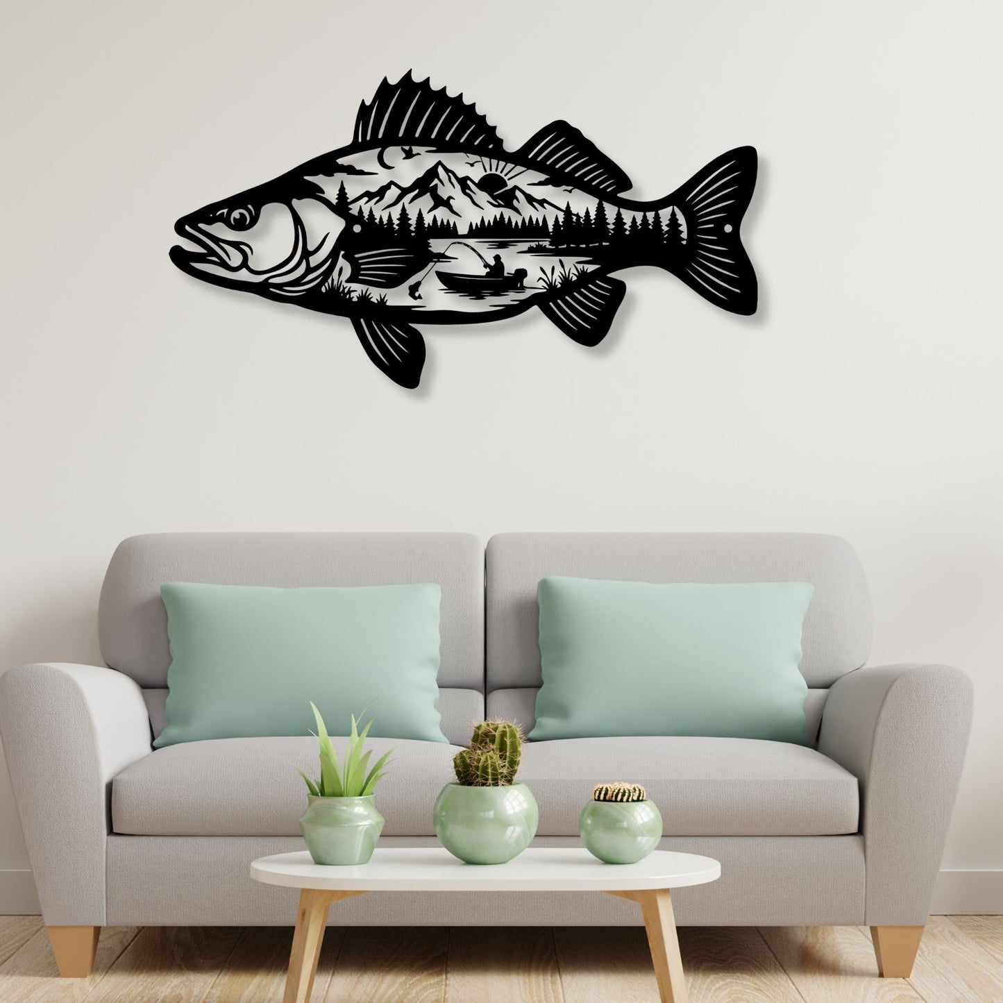 Metal Fish Wall Art Mountain Scene, Fisherman Gift for Men, Lake House Decor, Bass Metal Sign, Cabin Wall Art, Outdoorsman Gift for Dad