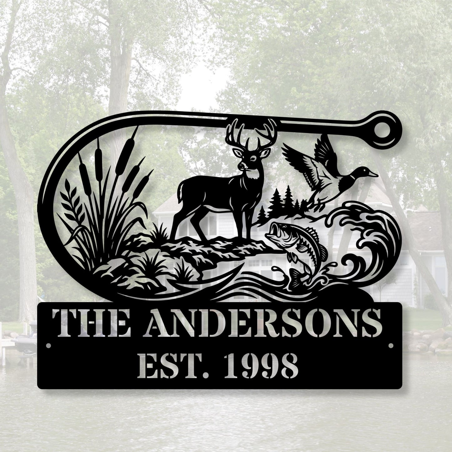 Custom Fishing Hook Metal Sign, Personalized Family Name Plaque, Outdoor Cabin Sign, Lake House Address Marker, Custom Fisherman Gift