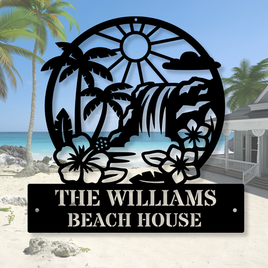 Personalized Beach House Metal Wall Sign, Waterfalls Metal Sign