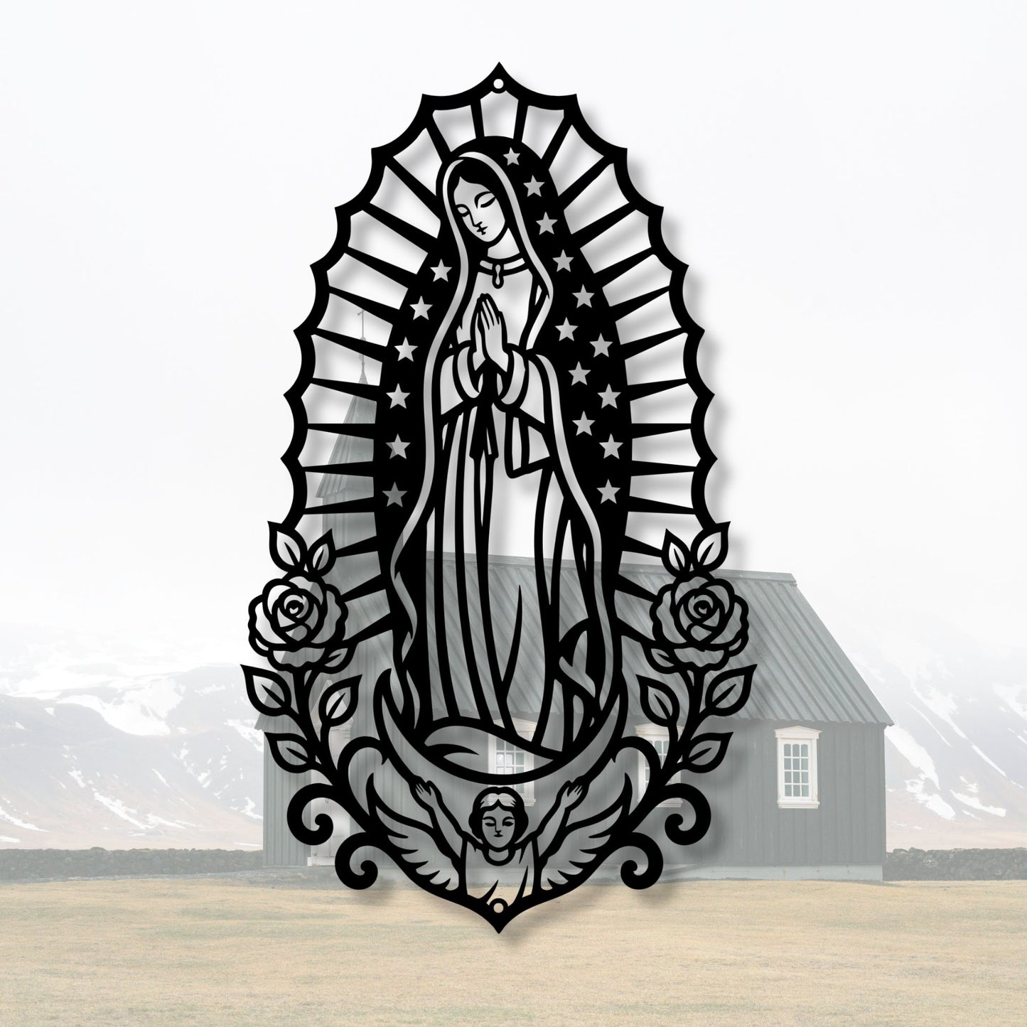 Virgin Mary Metal Wall Hanging, Catholic Blessed Mother Decor, Christian Religious Gift, Floral Angel Metal Art, Baptism Wall Decor