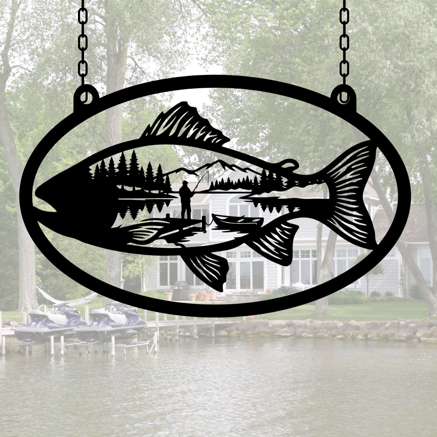 Hanging Fishing Metal Art, Lake House Wall Decor, Custom Fisherman Gift, Cabin Sign with Hooks, Rustic Outdoor Wall Hanging, Fishing Lodge Decor