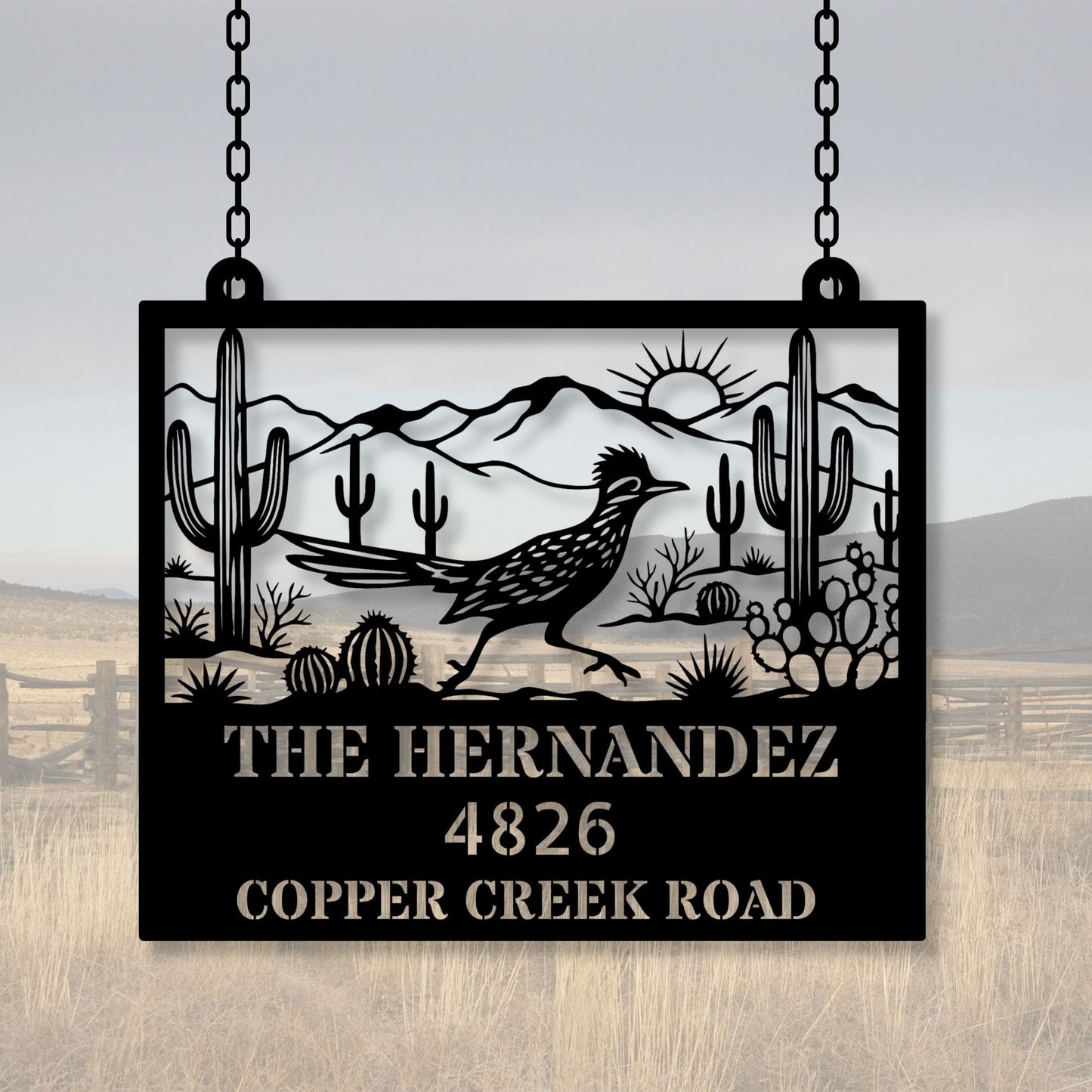 Custom Roadrunner Address Sign, Personalized Metal House Number Sign, Southwest Decor